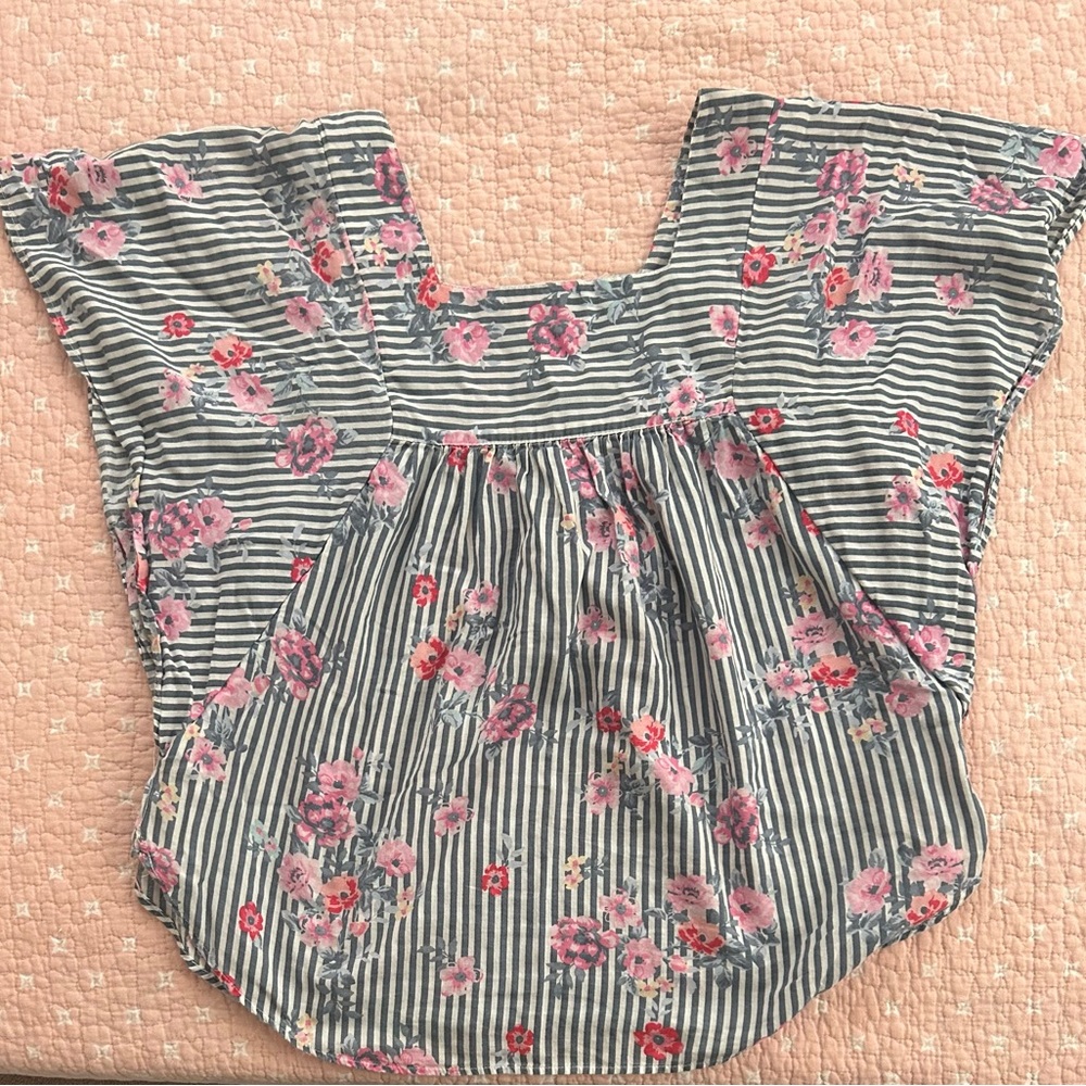 Time and Tru Navy Striped Floral Square Neck Blouse